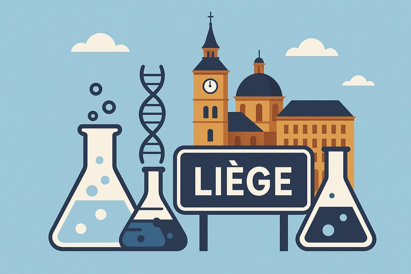 Illustration associant les sciences et la ville de Liège avec symboles scientifiques et monuments emblématiques