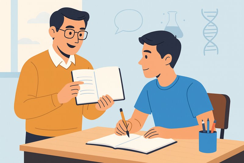 Professeur particulier de sciences à Liège aidant un élève du secondaire en physique et chimie