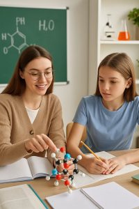 eune professeure expliquant un modèle moléculaire à une adolescente pendant un cours particulier de chimie