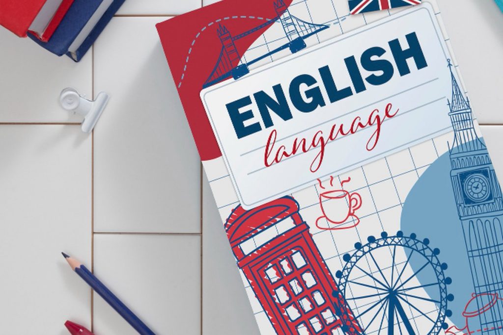 Cahier “English language” et matériel scolaire, illustration de cours d’anglais à Charleroi.