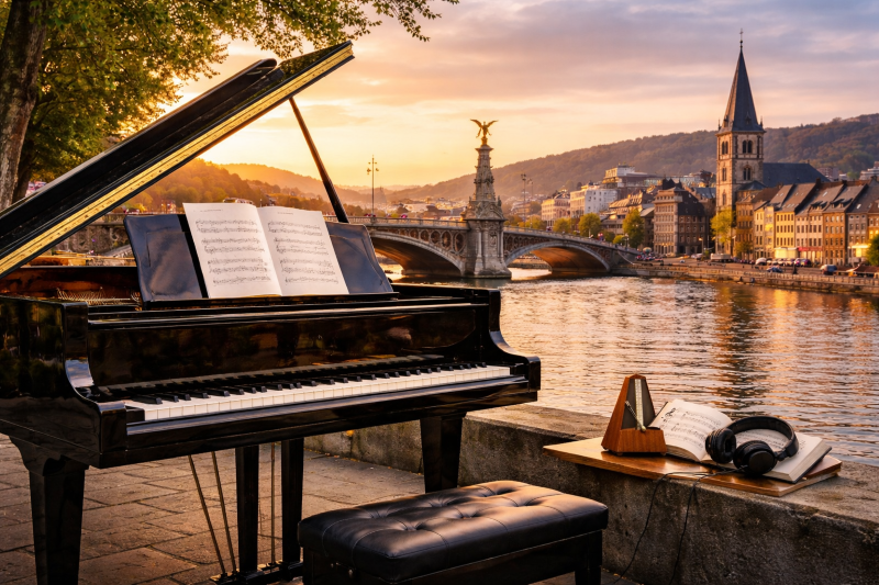 Piano à queue au bord de la Meuse à Liège, avec partition ouverte au coucher du soleil