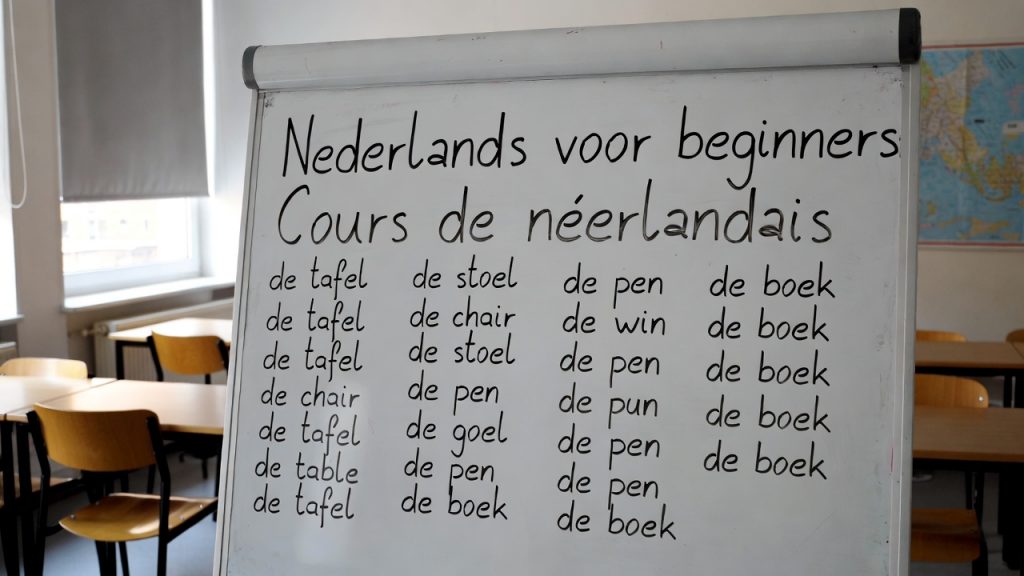 Tableau de classe avec vocabulaire de base en néerlandais pour débutants lors d’un cours particulier